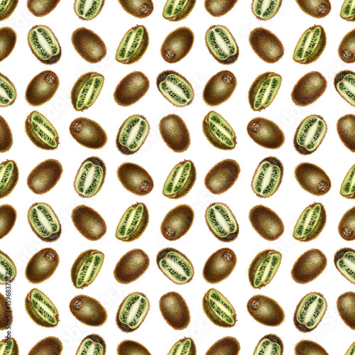 Wallpaper Mural Sliced halves of ripe kiwi fruit with brown skin, bright green flesh, seeds. Watercolor seamless pattern on white background for design of jam, preserve, drinks, food, baby and kitchen textiles Torontodigital.ca