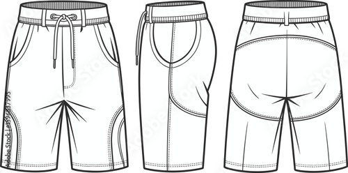 Men’s cargo shorts fashion sketch, front side back views, drawstring waistband, pocket design, clothing illustration, casual apparel template, garment layout