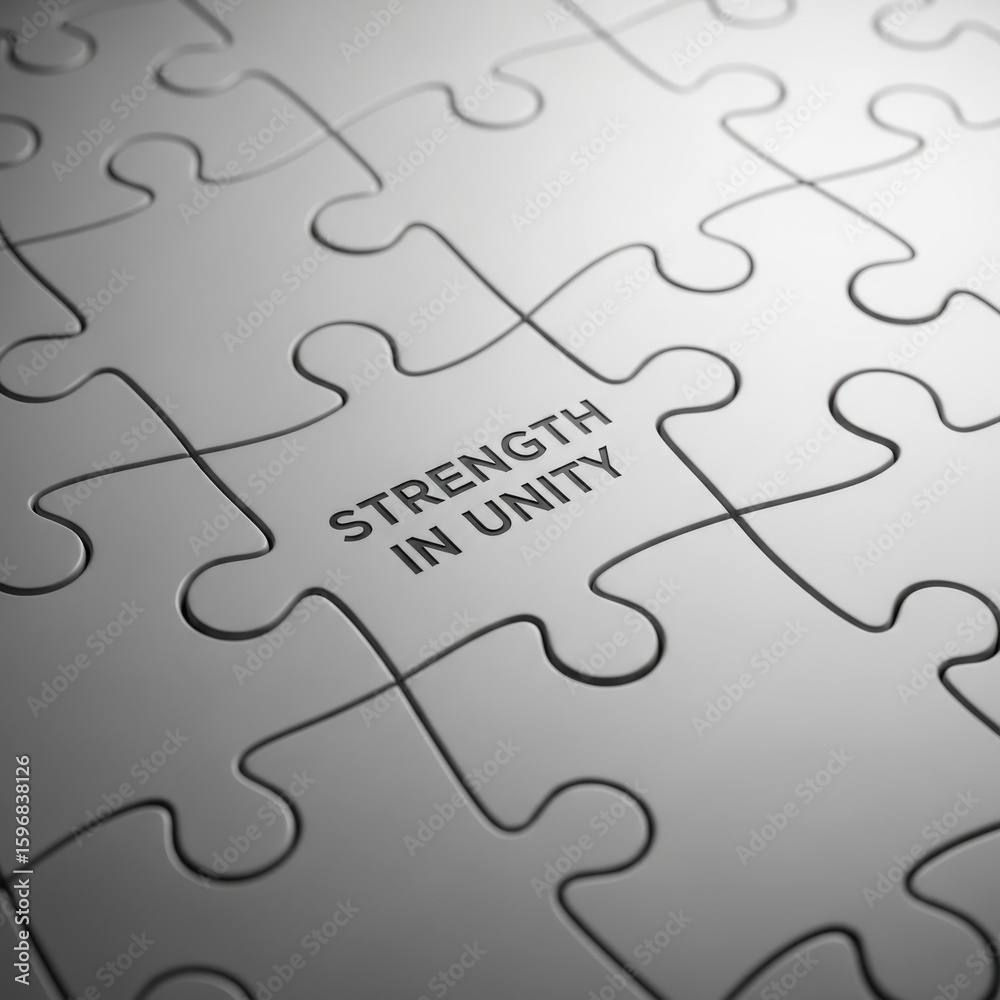 Close up of interlocking puzzle pieces with the words strength in unity embossed jigsaw puzzle Close up of interlocking puzzle pieces with the words strength in unity embossed jigsaw puzzle