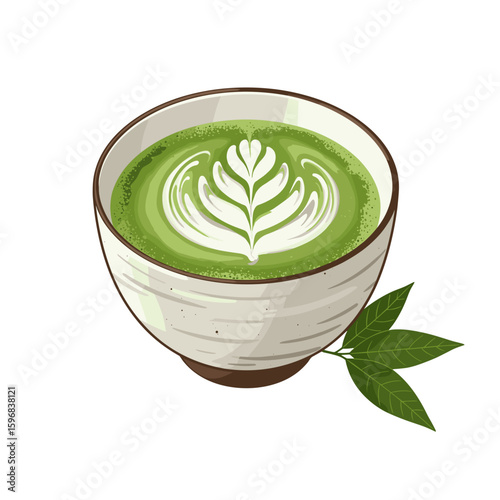 Matcha green tea in ceramic bowl with leaf design and decor  