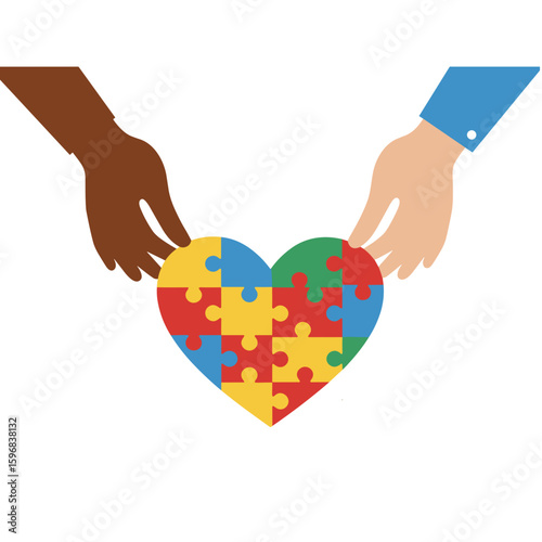 Diverse hands holding a colorful puzzle heart symbolizing love  