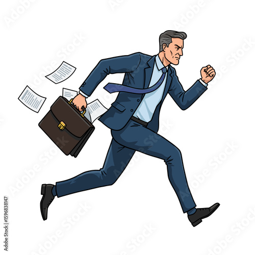 Businessman running with briefcase and documents flying in motion  