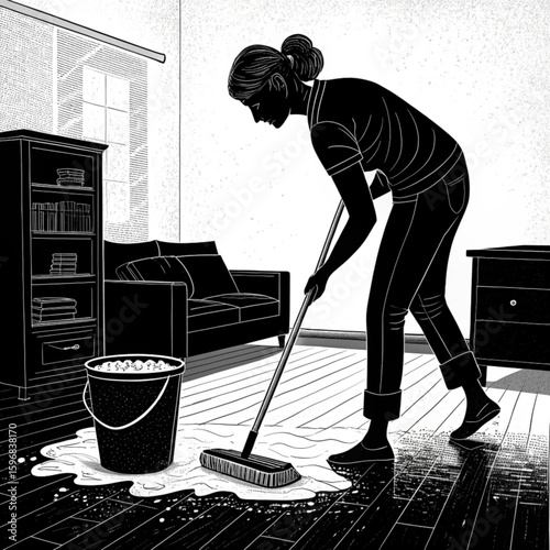 Woman cleaning floor with mop and bucket in living room at home  