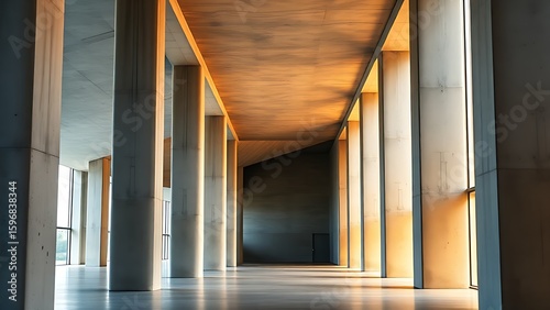 Modern concrete hall with striking columns and glowing windows  illuminated by natural ambient light.