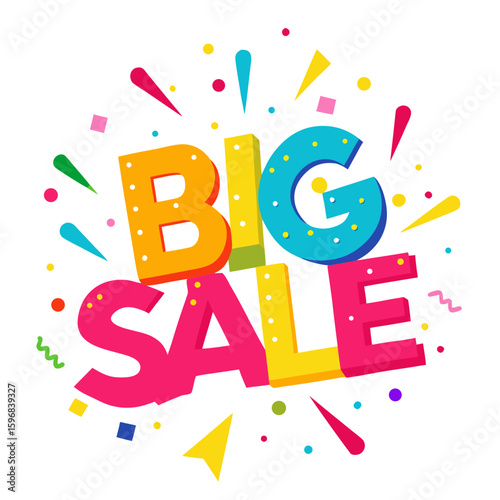 Colorful big sale announcement with confetti and streamers isolated on white background silhouette