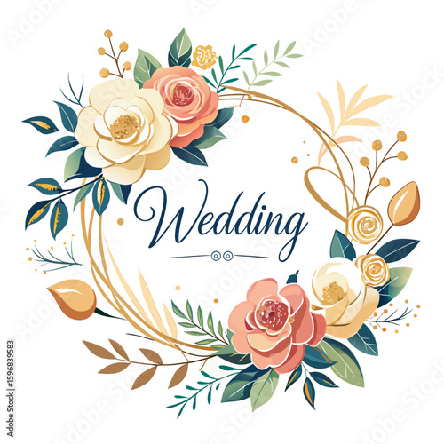 Elegant floral wedding wreath with wedding text isolated on white background silhouette