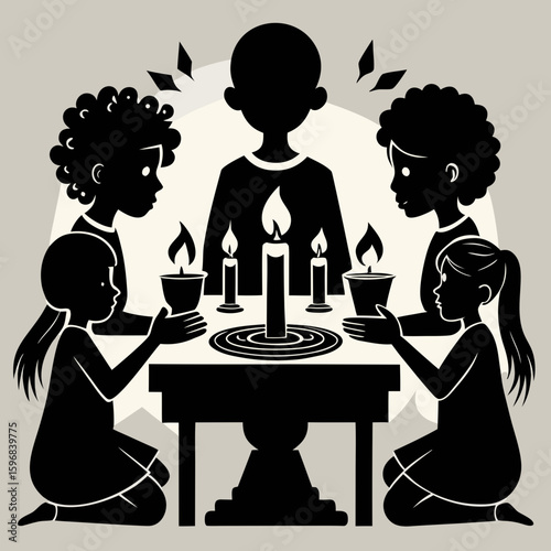 Family gathers around table with candles for a special occasion