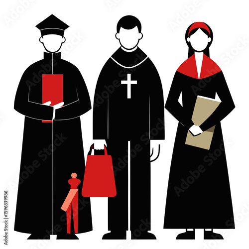 Religious figures in traditional attire with books and bags