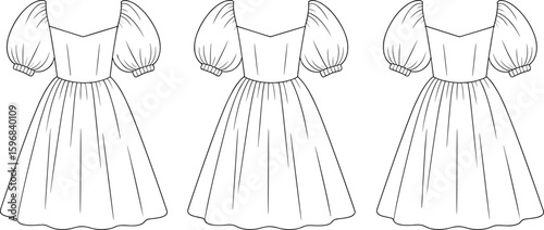 Vintage puff sleeve dress illustration, front and back views, flared skirt, fashion sketch, elegant retro design, sewing pattern, garment template
