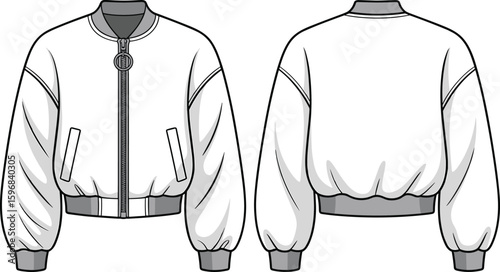 White bomber jacket fashion sketch front and back view, stylish outerwear template with zipper, pockets, ribbed cuffs, casual design