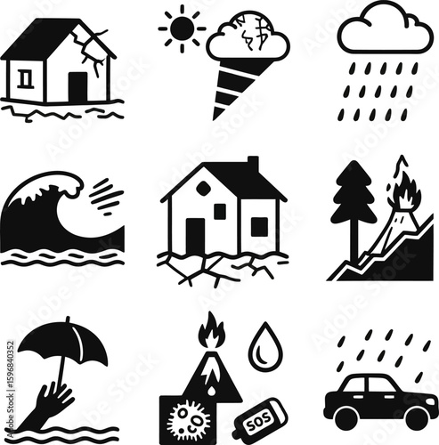 Disaster Icons Weather, Natural Calamities, and Emergency Signs in Vector Format