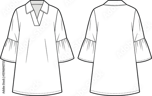 Women's tunic top fashion sketch, front and back view illustration, flared sleeves, casual and formal wear, design template artwork