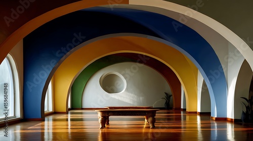 Modern architecture showcases colored arches, light, and texture. Interior design, marketing, web design, presentations, editorials.