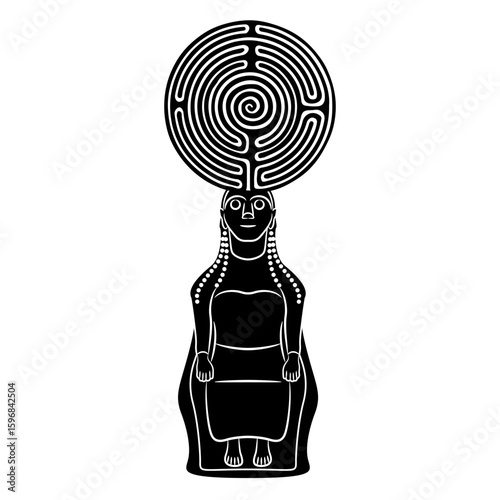 Seated woman with a round spiral maze or labyrinth symbol. Ariadne. Ancient Greek goddess. Creative mythological concept. Black and white silhouette.