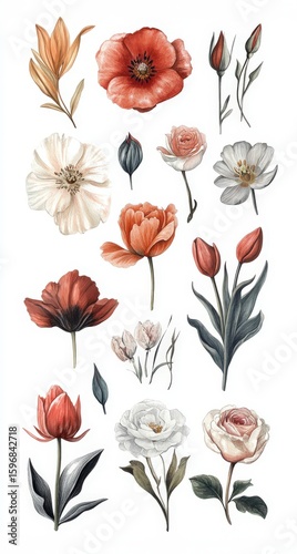 A vibrant sticker sheet displays an array of beautifully detailed flower illustrations. Each design features diverse petals and colors making it ideal for craft projects and decoration purposes