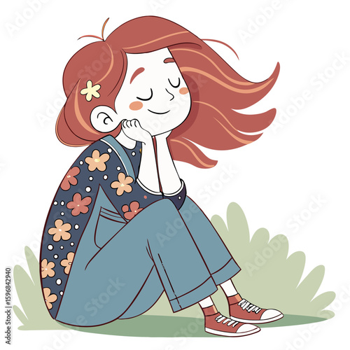 Content cartoon girl sitting on the grass with a peaceful expression and flowers in her hair and copy space
