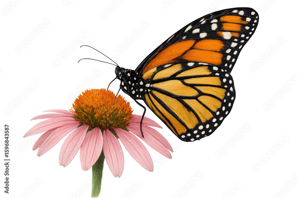 Fototapeta premium Beautiful monarch butterfly feeding on a pink coneflower, isolated on a transparent background