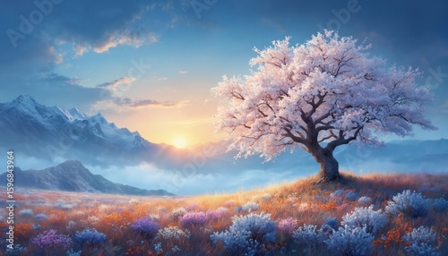 Fototapeta Naklejka Na Ścianę i Meble -  Serene landscape at sunset with large tree featuring white flowers. Colorful flowers in red, purple, yellow bloom around tree in meadow surrounded by mountains. Vibrant blue sky with scattered clouds