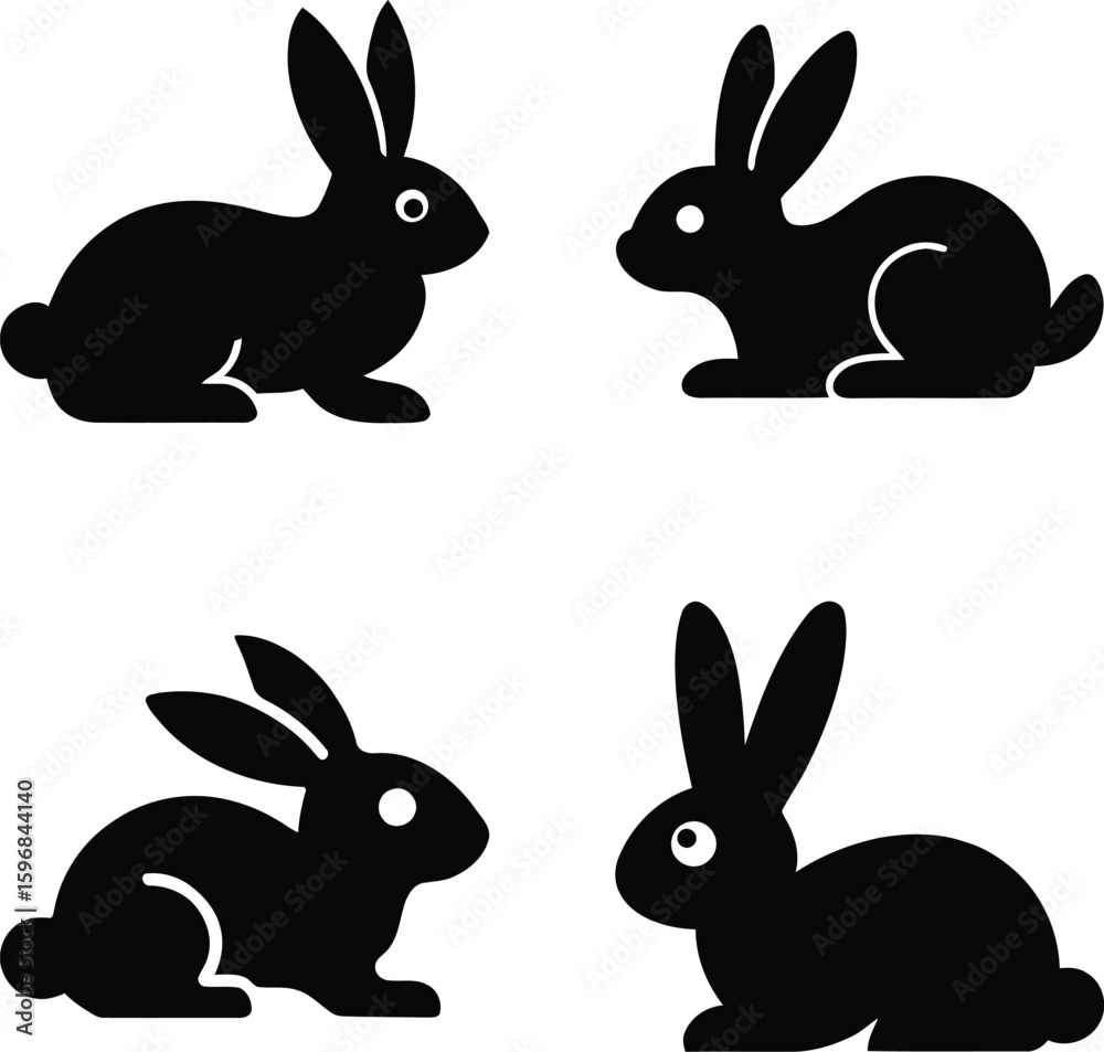 Fototapeta premium Four black rabbit silhouettes in different poses silhouette