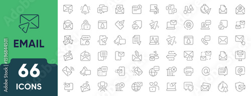 Email Line Icon Set. Set of 66 outline icons including envelope, inbox, send, reply, message, spam, newsletter, and communication. Editable stroke. Linear vector illustration.