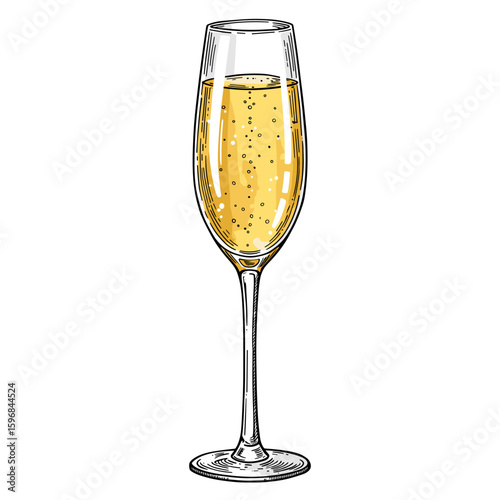 Champagne flute filled with bubbly drink on white background  