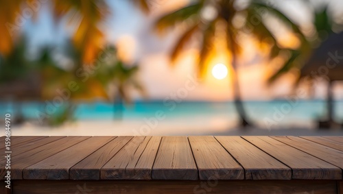 Fototapeta Naklejka Na Ścianę i Meble -  Empty wooden table with an ocean beach and summer sky background