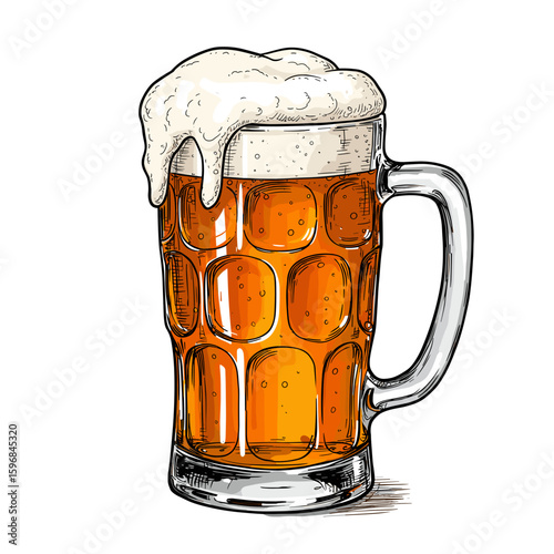 Glass of beer with foam in vintage style illustration  