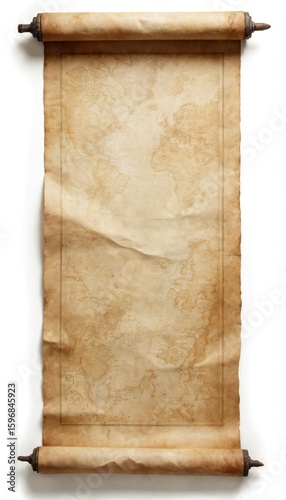 Antique scroll resting on wooden board, made of brown material. Slightly curved, rolled up and secured with wooden clamps. Rich history and cultural significance.