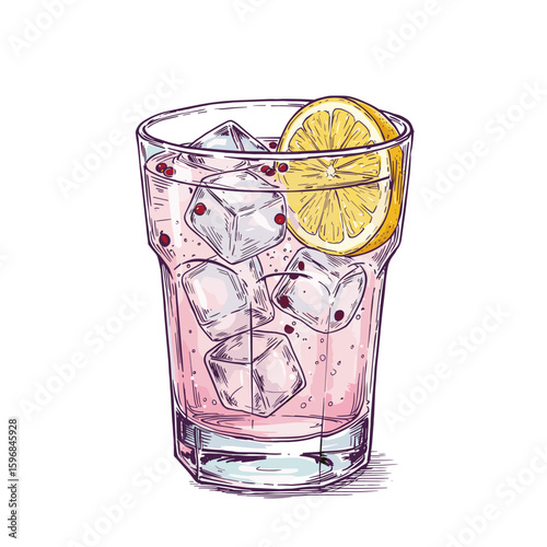 Refreshing lemonade with ice cubes and lemon slice in a glass  