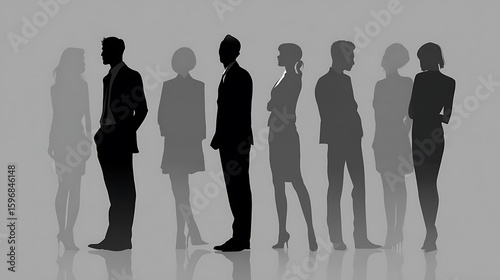 Silhouettes of business people standing in a row. Conveys unity, teamwork, diversity. Use for marketing, web, or design.
