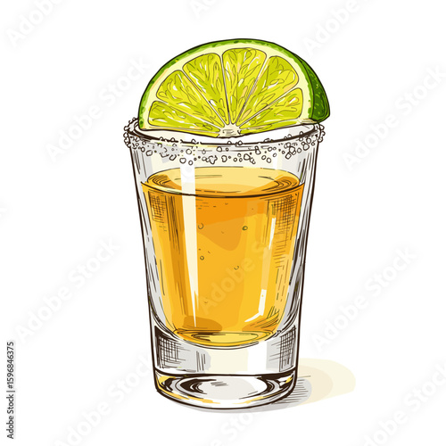 Shot glass of tequila with lime wedge and salt rim  