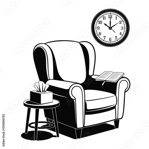 Black and white vector illustration of a cozy therapy session with armchair, tissues, notebook, and clock