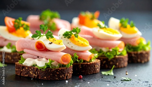 Czech Open-Faced Chlebíčky with Egg, Ham, and Pickle. Traditional Eastern European Food
