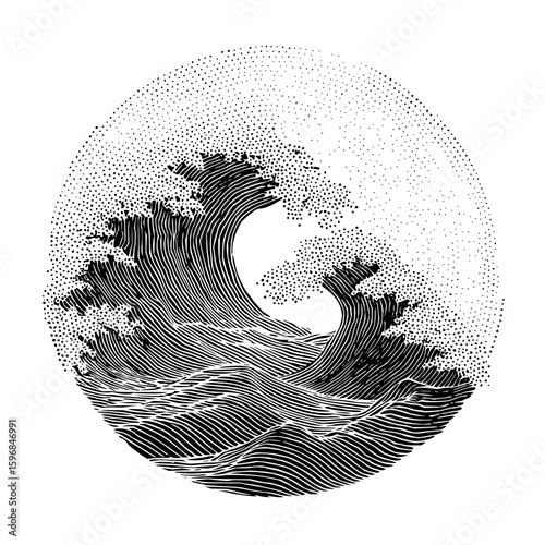 Illustration of a landscape with rolling hills and a winding line representing a path or river view
