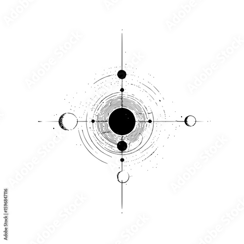 Complex geometric shape with lines and dots creating an abstract three dimensional structure in black and white