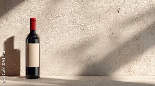 Empty wine bottle against a textured wall.
