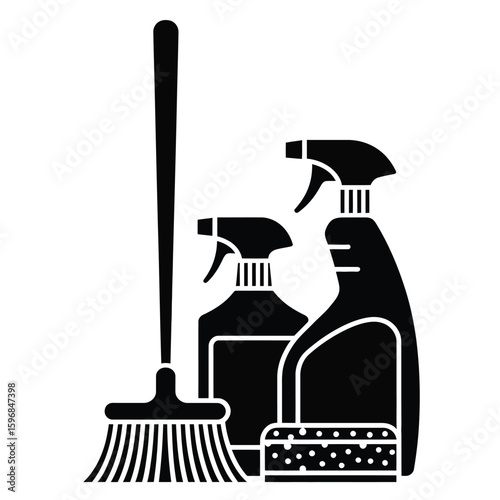 Black and white vector illustration of bathroom cleaning tools with brush spray disinfectant and sponge