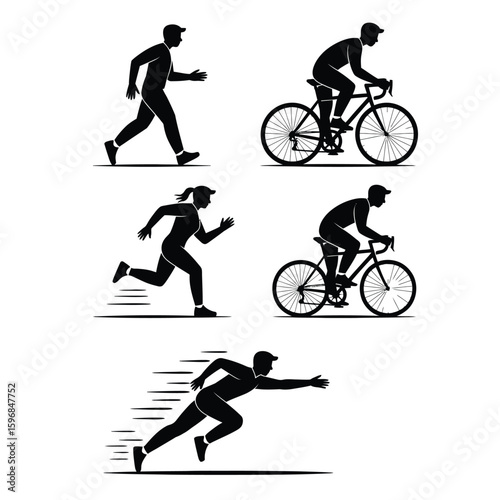 Black and white vector illustration of different modes of advancement showing walking, running, cycling, and flying personified