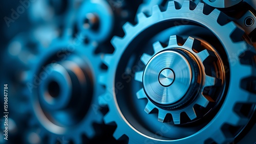 Abstract composition of metallic blue gears against a smooth blurred background, industrial aesthetic.