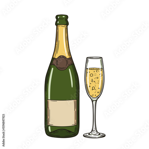 Bottle of champagne and a glass filled with sparkling drink  