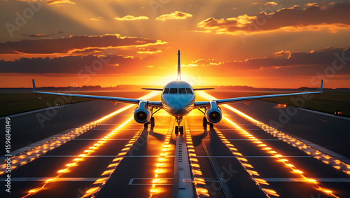 Cinematic twin-engine propeller airplane on a wet runway at dramatic sunset. Aviation grandeur with golden light and vibrant, cloudy sky.