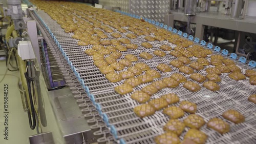 Cookies moving on conveyor belt in food processing plant