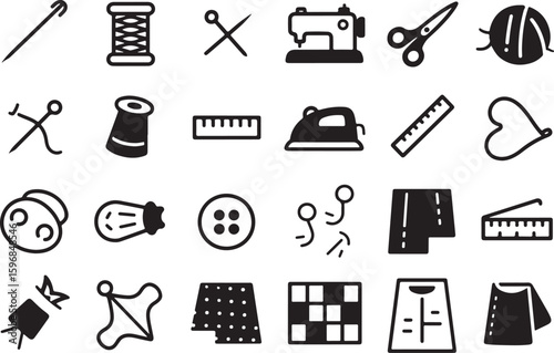 Collection of sewing and craft icons isolated on transparent background