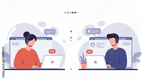 Flat vector a customer service team providing online support through virtual calls and remote communication