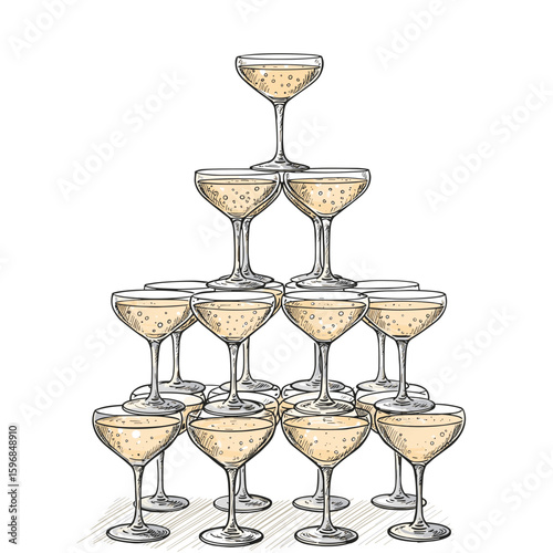 Champagne tower made of glasses in a festive arrangement  