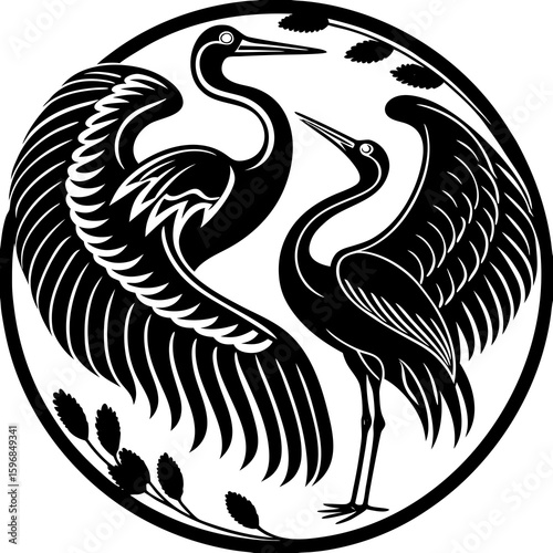 Vector art of two black and white cranes in a circle isolated on white background