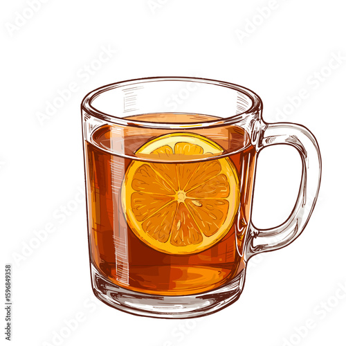 Glass mug of tea with lemon slice on white background  