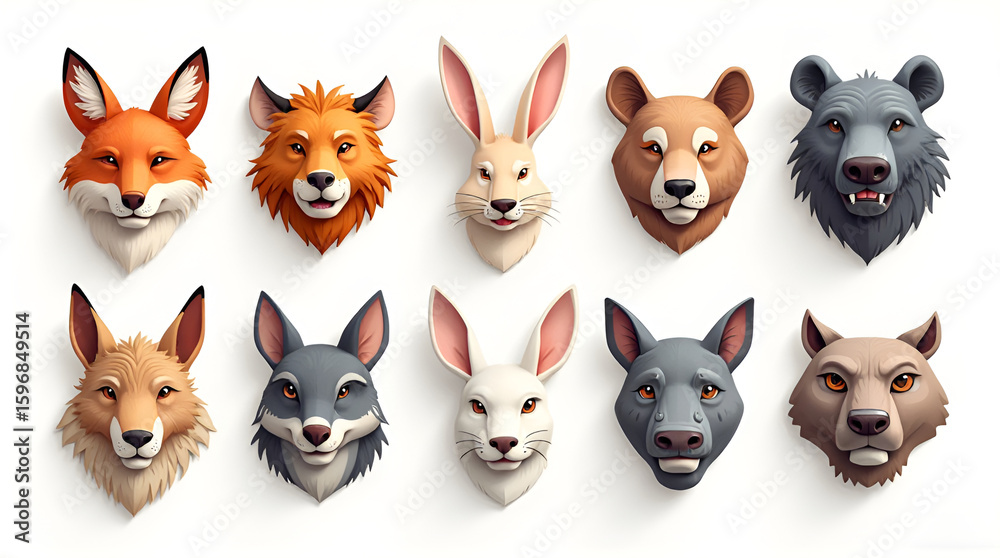 Obraz premium Set of diverse animal head portraits including fox rabbit bear and wolf isolated