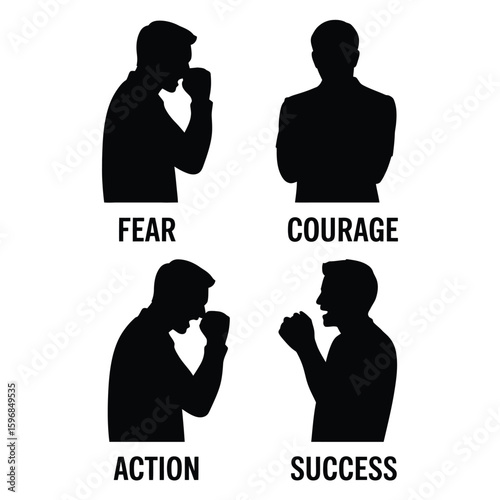 Black and white vector pack of silhouettes showing emotional progression from fear to courage, action, and success