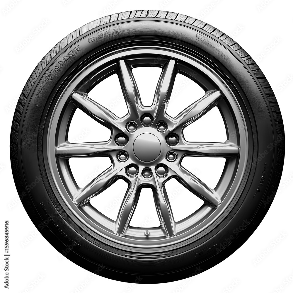 Obraz premium Modern silver alloy wheel and tire isolated on light background